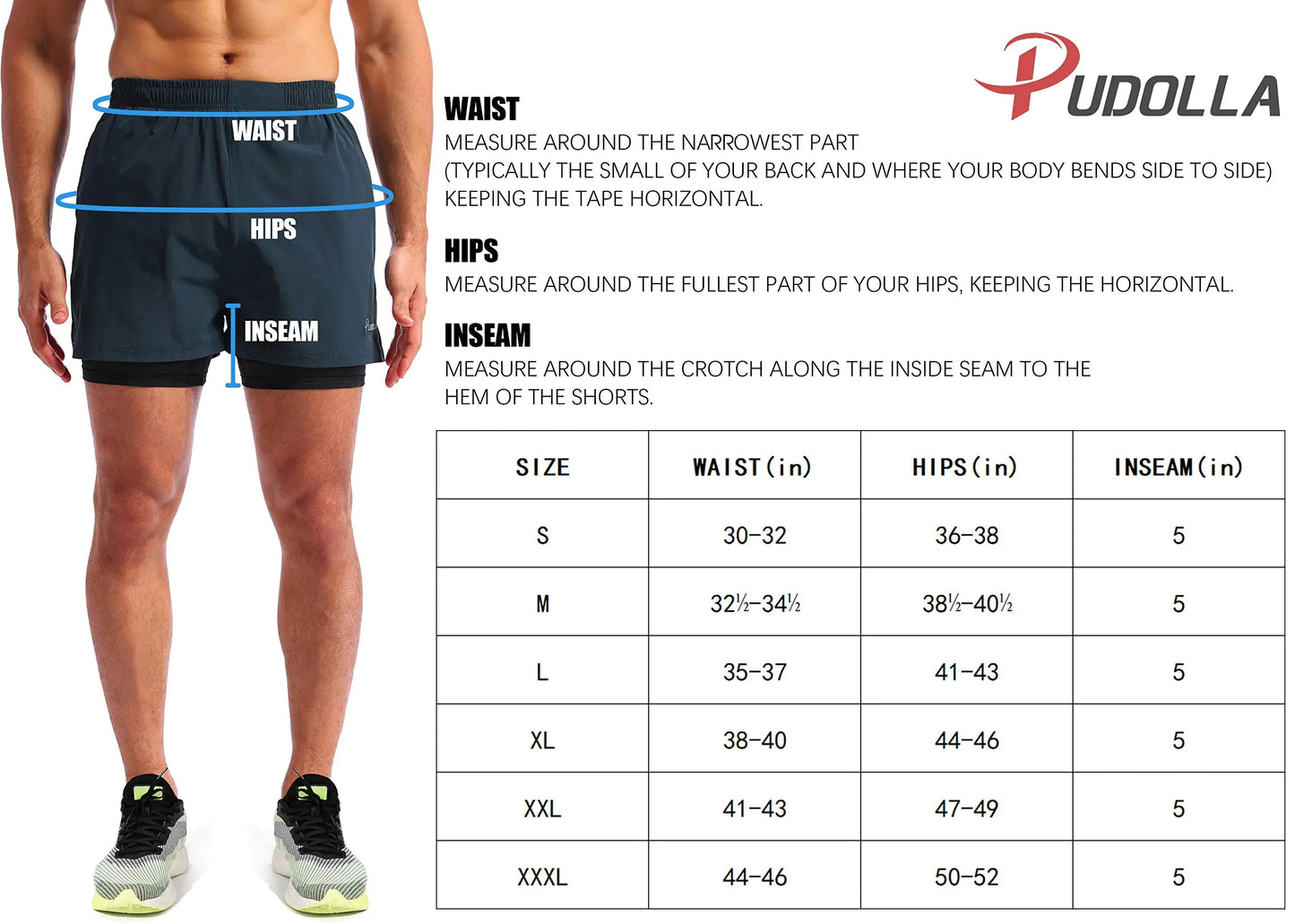 Pudolla Men’s 2 in 1 Running Shorts 5" Quick Dry Gym Athletic Workout Shorts for Men with Phone Pockets Medium Black