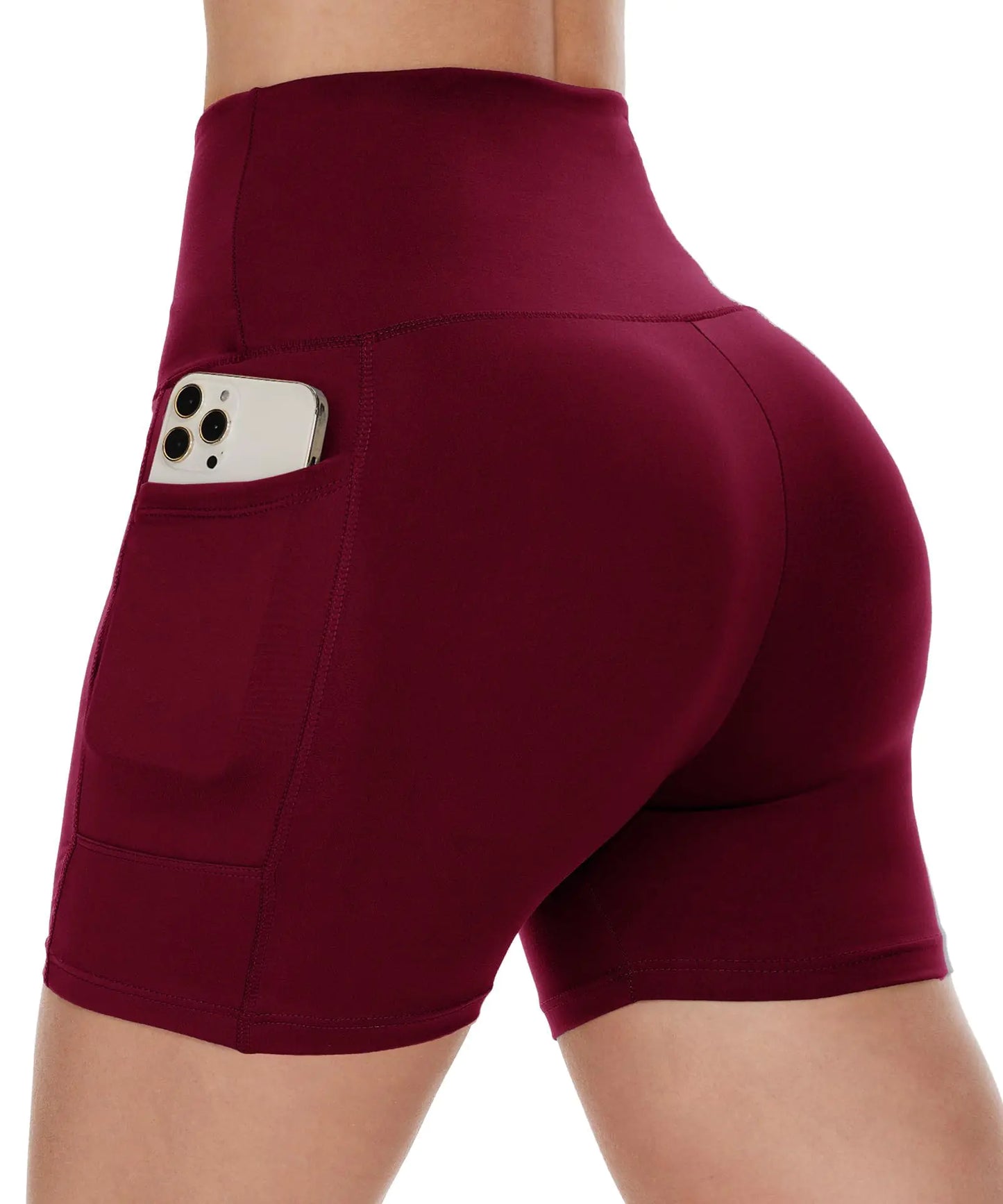 CAMPSNAIL Biker Shorts Women with Pockets - 3"/5"/8" High Waisted Workout Spandex Tummy Control Gym Running Yoga Shorts 5 inch XX-Large Burgundy