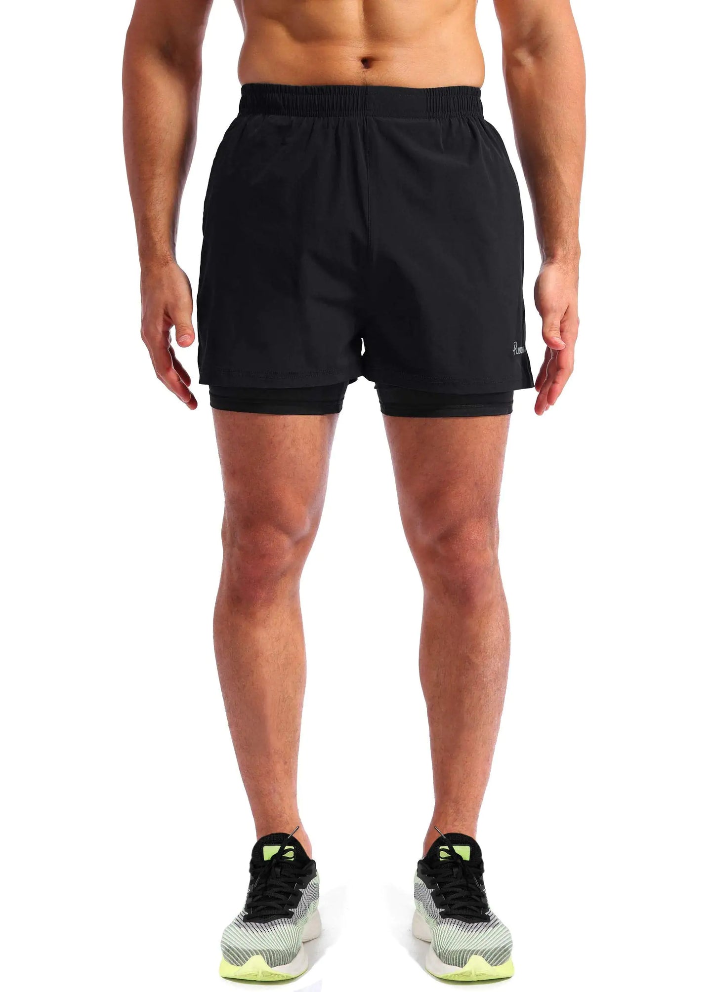 Pudolla Men’s 2 in 1 Running Shorts 5" Quick Dry Gym Athletic Workout Shorts for Men with Phone Pockets Medium Black