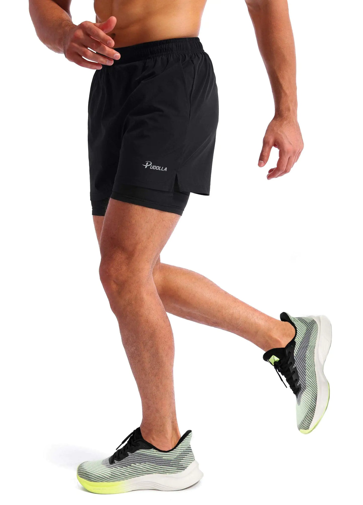 Pudolla Men’s 2 in 1 Running Shorts 5" Quick Dry Gym Athletic Workout Shorts for Men with Phone Pockets Medium Black