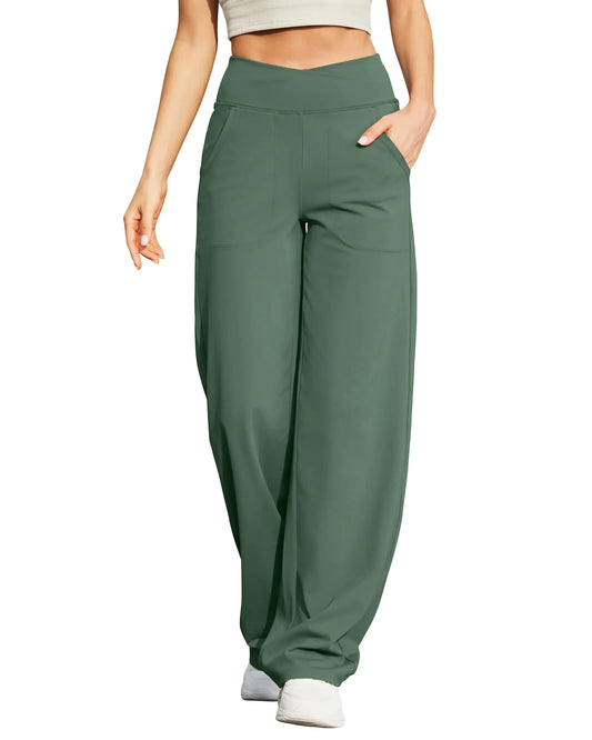 G4Free Wide Leg Pants for Women Loose Yoga Pants with Pockets Petite/Regular/Tall Stretch Casual Lounge Pants 29" Inseam Small Dark Forest Green